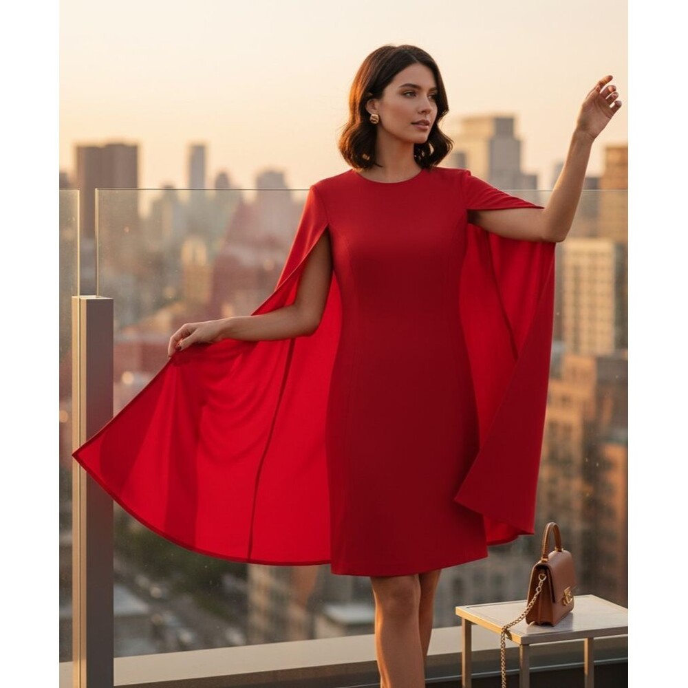 DESIGNER CALVIN KLEIN RED SLEEVELESS KNEE LENGTH CAPE DRESS SIZE 10.R - Picture 11 of 16